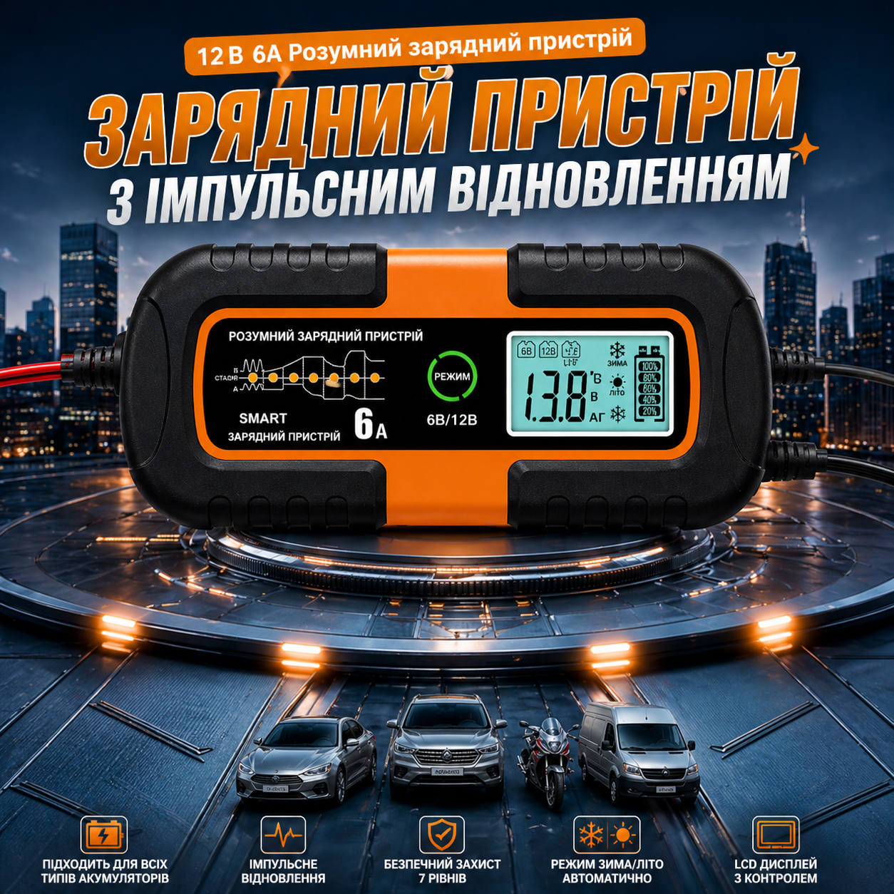 ⚡ Розумний зарядний пристрій для автомобільного акумулятора 12 В 6 А з імпульсним відновленням – швидкий, безпечний та подовжує термін служби акумулятора